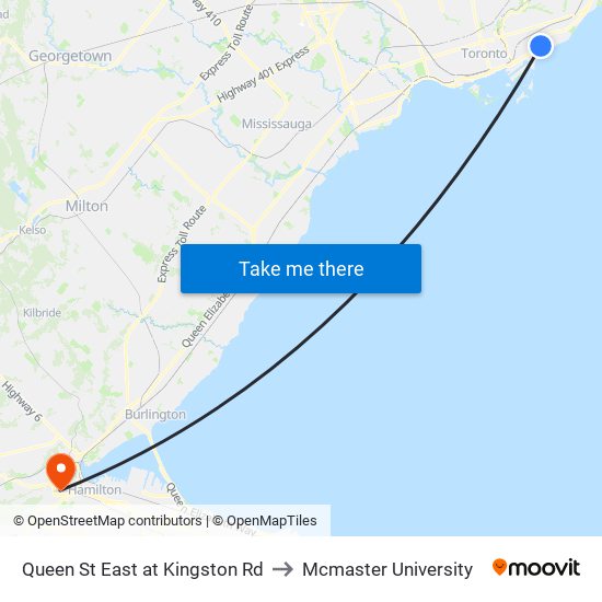 Queen St East at Kingston Rd to Mcmaster University map