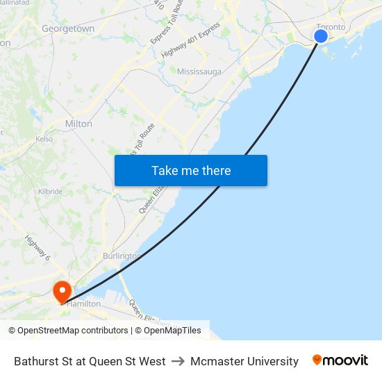 Bathurst St at Queen St West to Mcmaster University map