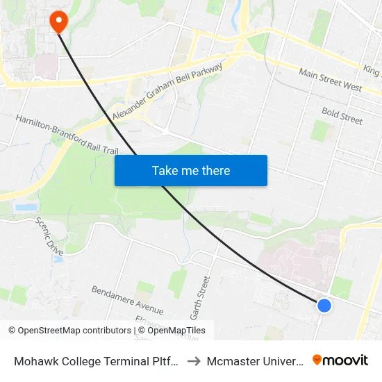 Mohawk College Terminal Pltfrm 5 to Mcmaster University map