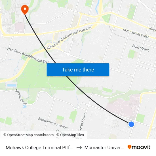 Mohawk College Terminal Pltfrm 4 to Mcmaster University map