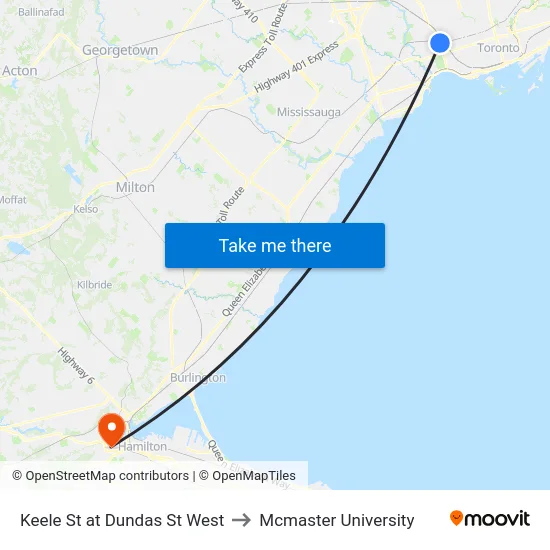 Keele St at Dundas St West to Mcmaster University map
