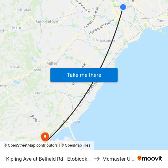 Kipling Ave at Belfield Rd - Etobicoke North Go Station to Mcmaster University map
