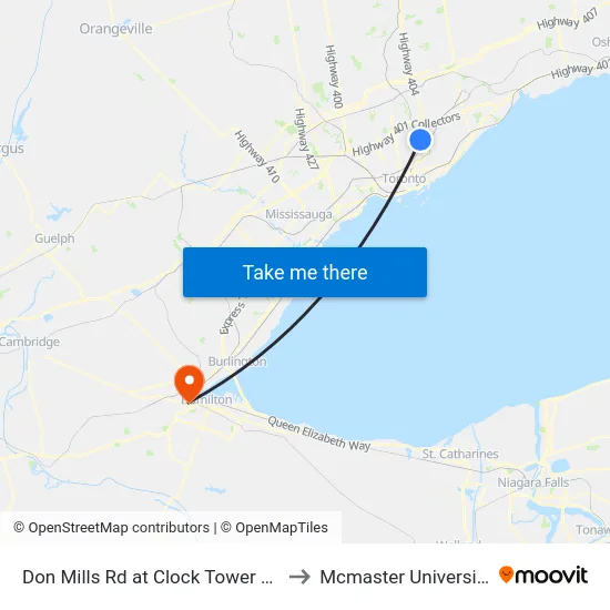 Don Mills Rd at Clock Tower Rd to Mcmaster University map