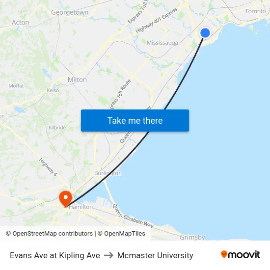 Evans Ave at Kipling Ave to Mcmaster University map