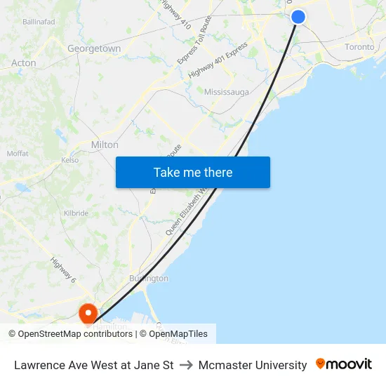 Lawrence Ave West at Jane St to Mcmaster University map