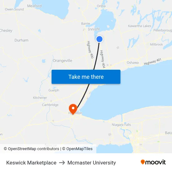 Keswick Marketplace to Mcmaster University map