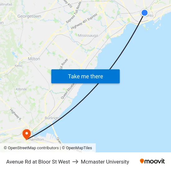 Avenue Rd at Bloor St West to Mcmaster University map