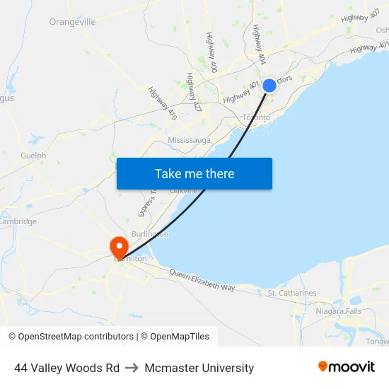 44 Valley Woods Rd to Mcmaster University map