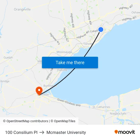 100 Consilium Pl to Mcmaster University map