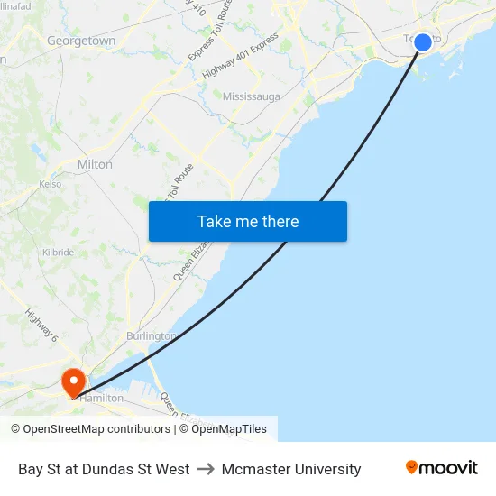 Bay St at Dundas St West to Mcmaster University map