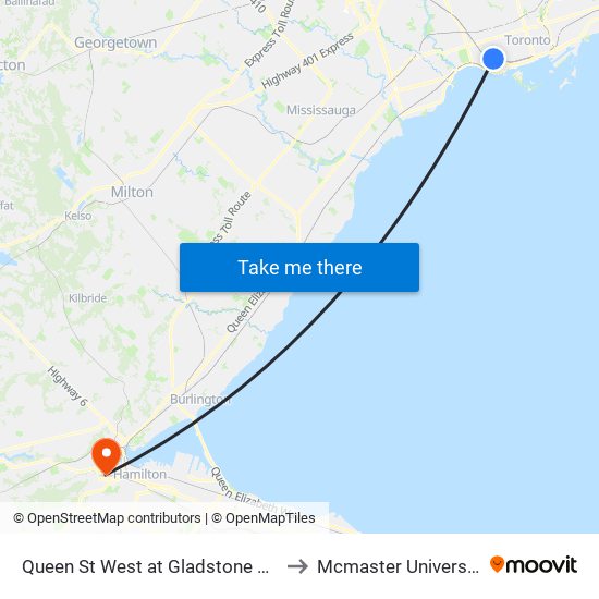 Queen St West at Gladstone Ave to Mcmaster University map