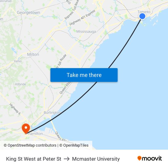 King St West at Peter St to Mcmaster University map