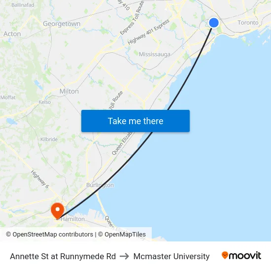 Annette St at Runnymede Rd to Mcmaster University map