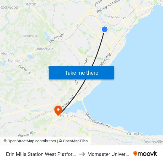 Erin Mills Station West Platform 3 to Mcmaster University map