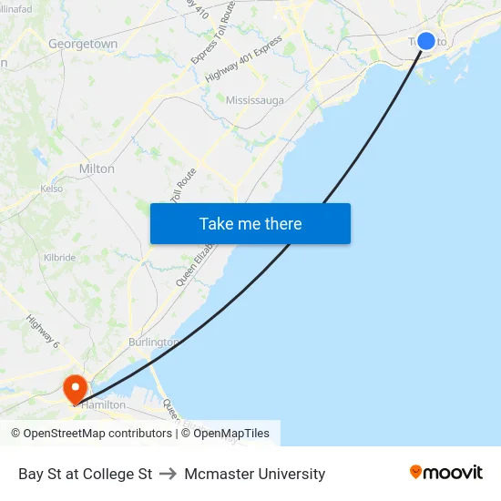 Bay St at College St to Mcmaster University map
