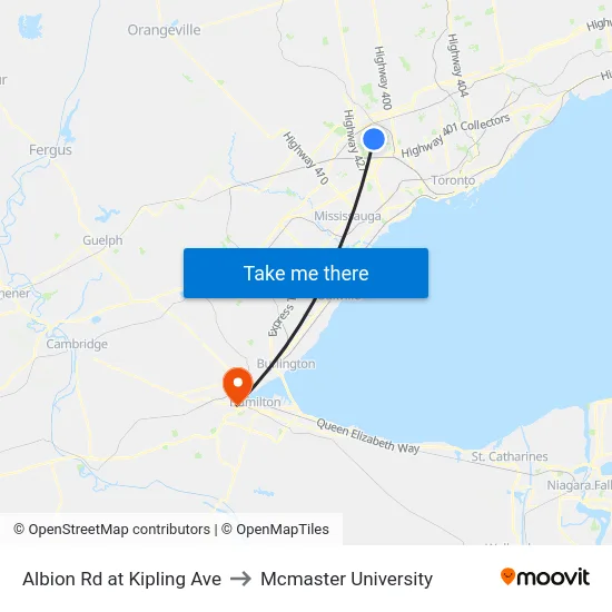 Albion Rd at Kipling Ave to Mcmaster University map