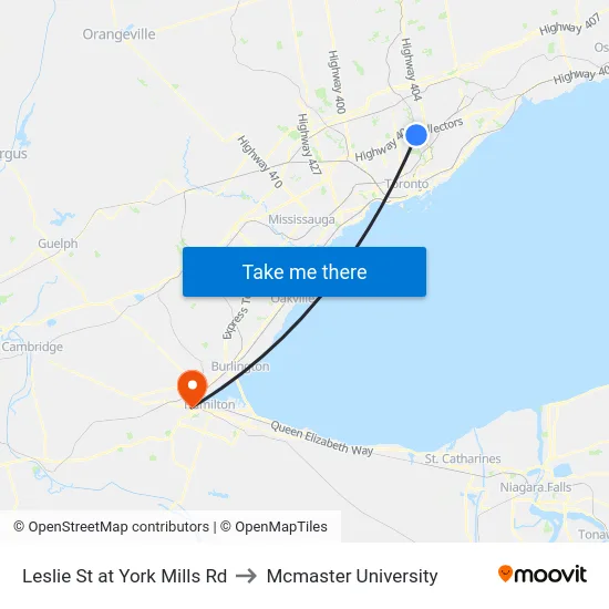 Leslie St at York Mills Rd to Mcmaster University map