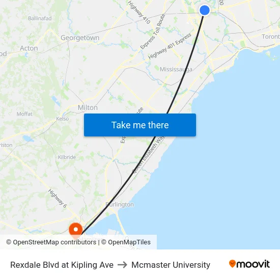 Rexdale Blvd at Kipling Ave to Mcmaster University map