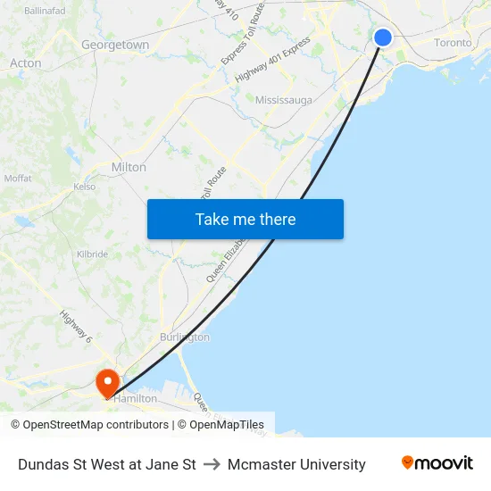 Dundas St West at Jane St to Mcmaster University map