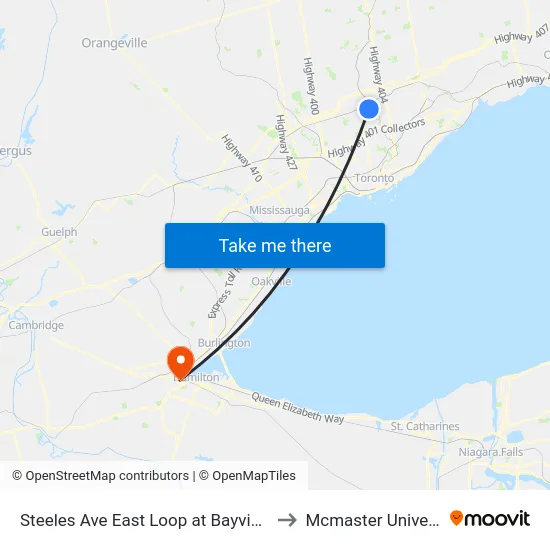 Steeles Ave East Loop at Bayview Ave to Mcmaster University map
