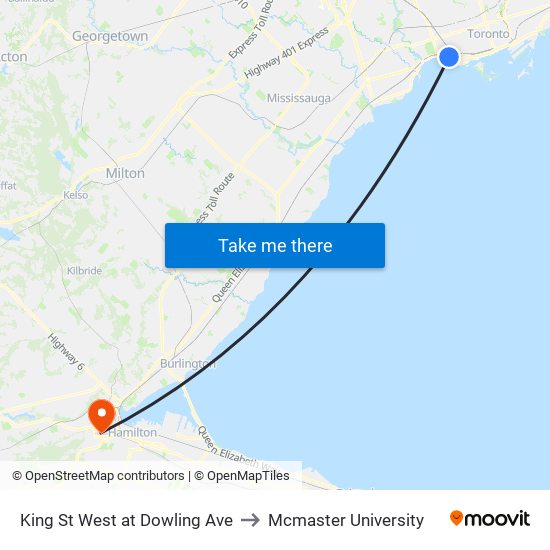 King St West at Dowling Ave to Mcmaster University map