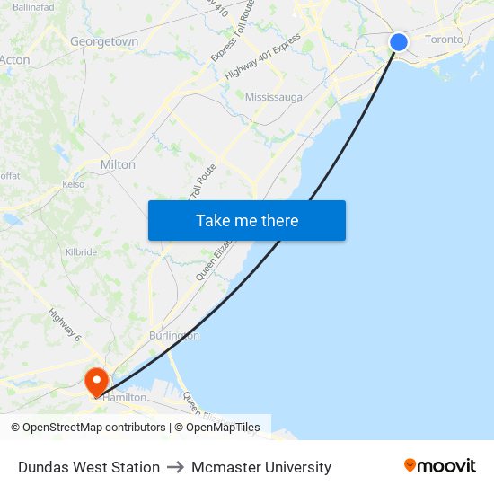 Dundas West Station to Mcmaster University map