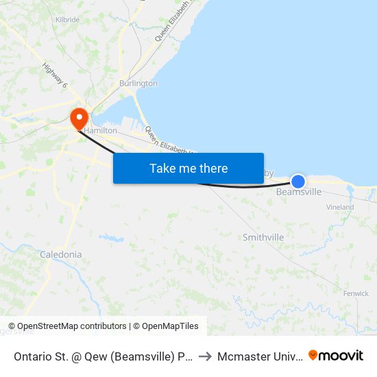 Ontario St. @ Qew (Beamsville) Park & Ride to Mcmaster University map