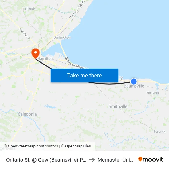 Ontario St. @ Qew (Beamsville) Park & Ride to Mcmaster University map