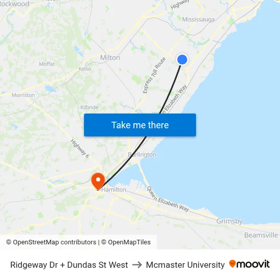 Ridgeway Dr + Dundas St West to Mcmaster University map