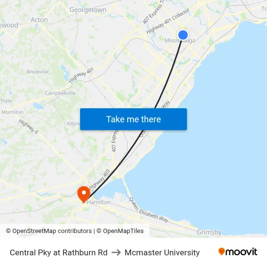 Central Pky at Rathburn Rd to Mcmaster University map