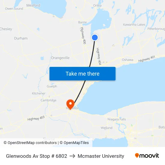Glenwoods Av Stop # 6802 to Mcmaster University map