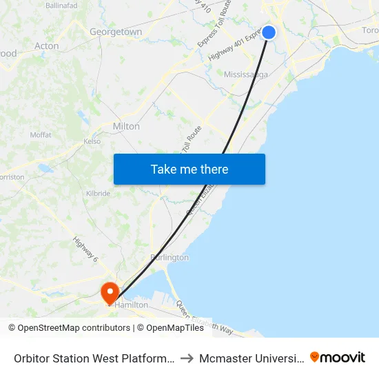 Orbitor Station West Platform B to Mcmaster University map