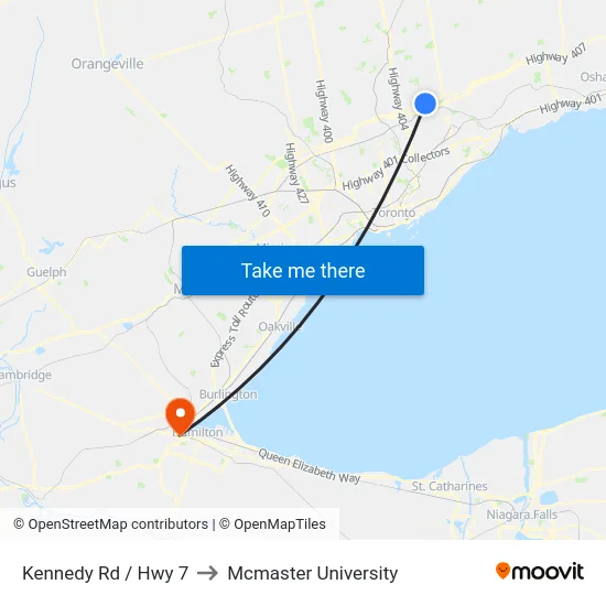 Kennedy Rd / Hwy 7 to Mcmaster University map