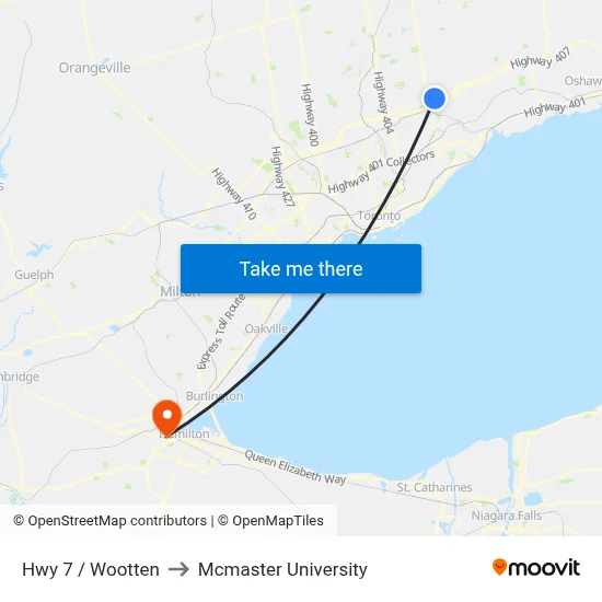 Hwy 7 / Wootten to Mcmaster University map