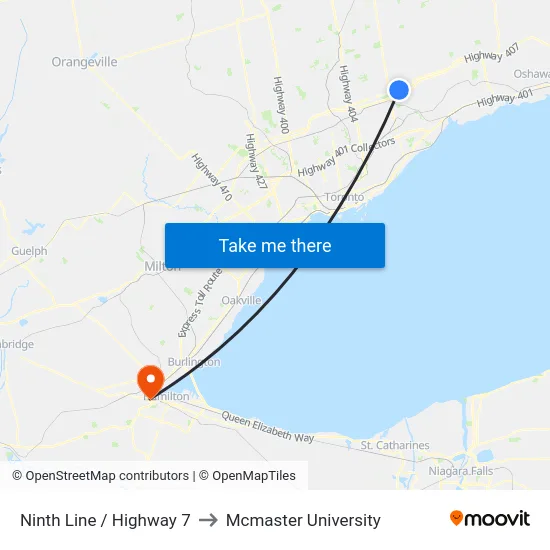 Ninth Line / Highway 7 to Mcmaster University map