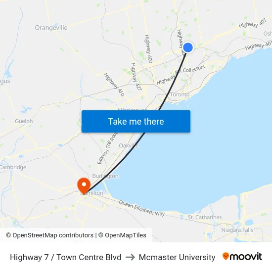 Highway 7 / Town Centre Blvd to Mcmaster University map
