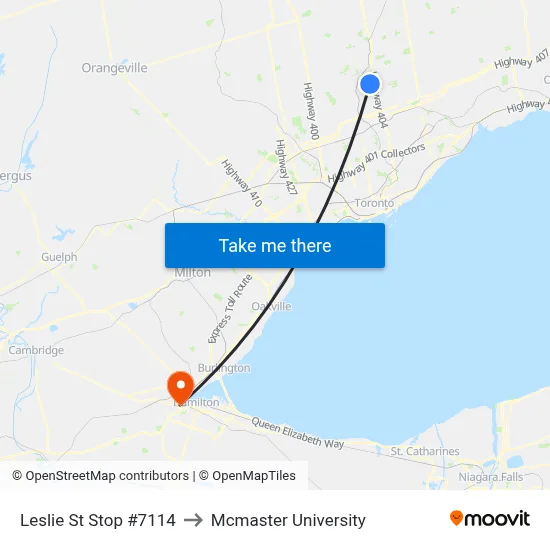 Leslie St Stop #7114 to Mcmaster University map