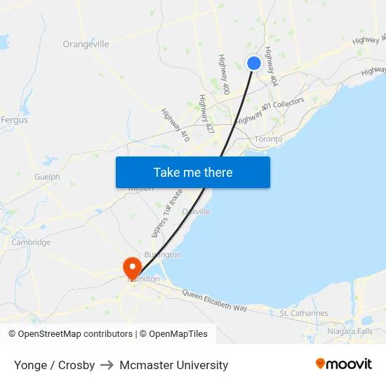 Yonge / Crosby to Mcmaster University map