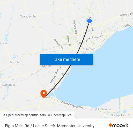 Elgin Mills Rd / Leslie St to Mcmaster University map