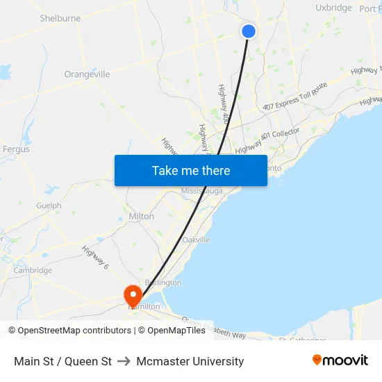 Main St / Queen St to Mcmaster University map