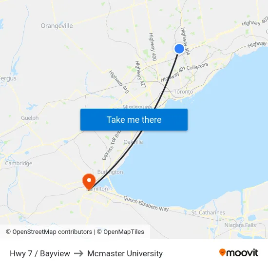 Hwy 7 / Bayview to Mcmaster University map