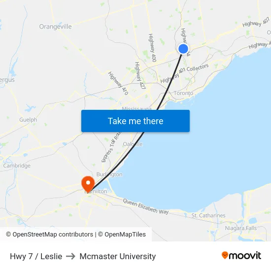Hwy 7 / Leslie to Mcmaster University map