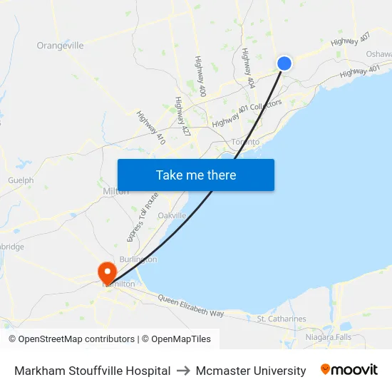 Markham Stouffville Hospital to Mcmaster University map