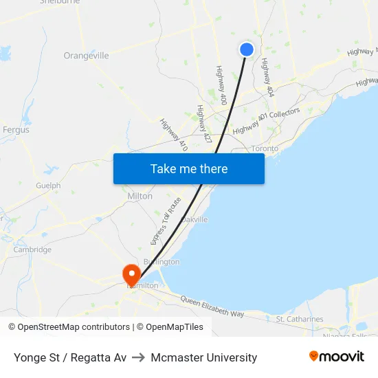 Yonge St / Regatta Av to Mcmaster University map