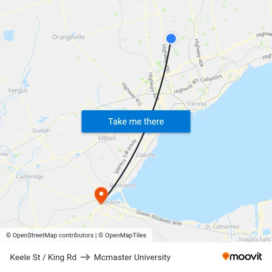 Keele St / King Rd to Mcmaster University map