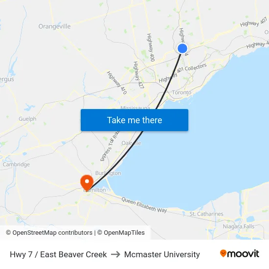 Hwy 7 / East Beaver Creek to Mcmaster University map
