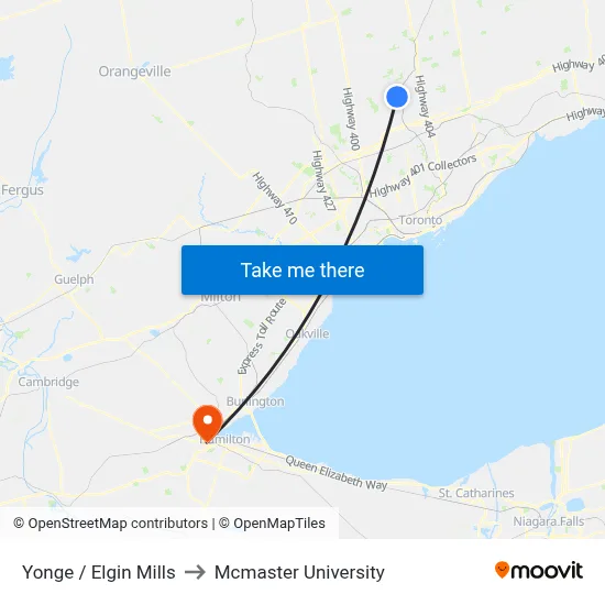 Yonge / Elgin Mills to Mcmaster University map