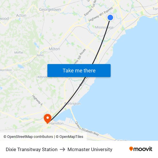 Dixie Transitway Station to Mcmaster University map