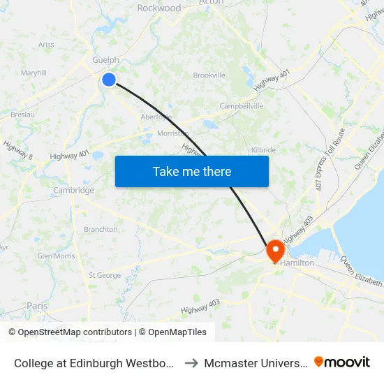 College at Edinburgh Westbound to Mcmaster University map
