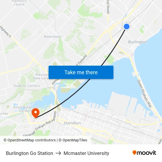 Burlington Go Station to Mcmaster University map
